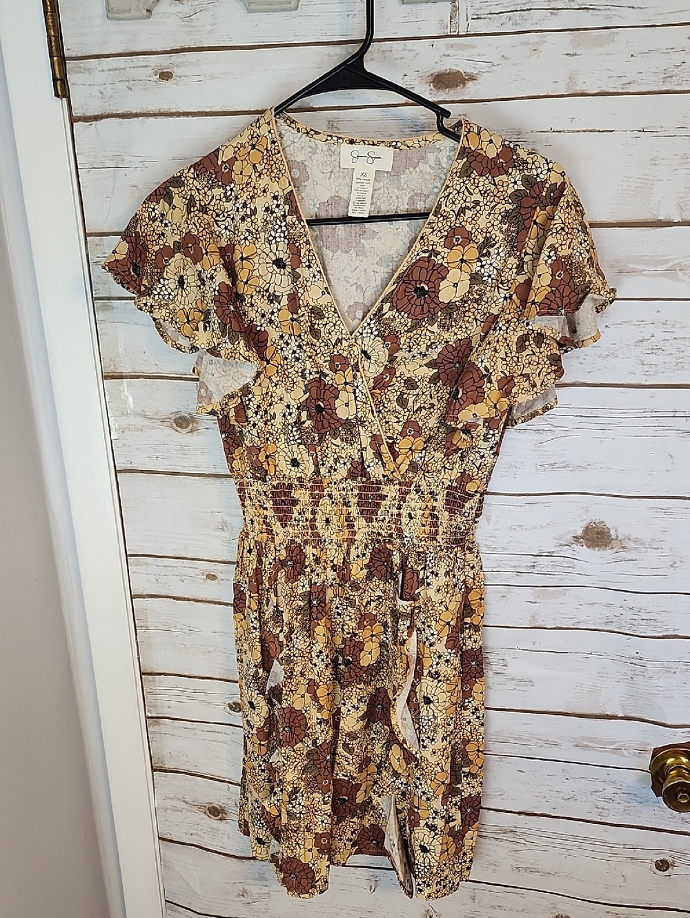 Jessica Simpson Mustard and Brown Floral V-Neck Mini Dress XS